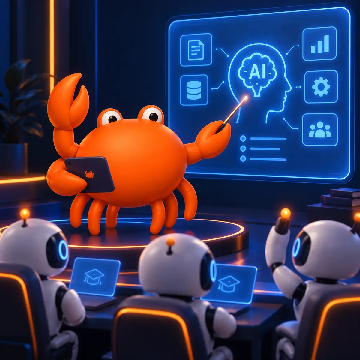 Mascota cangrejo de Mr Crab 7 explicando en una pizarra digital cómo se aplica la IA en una empresa