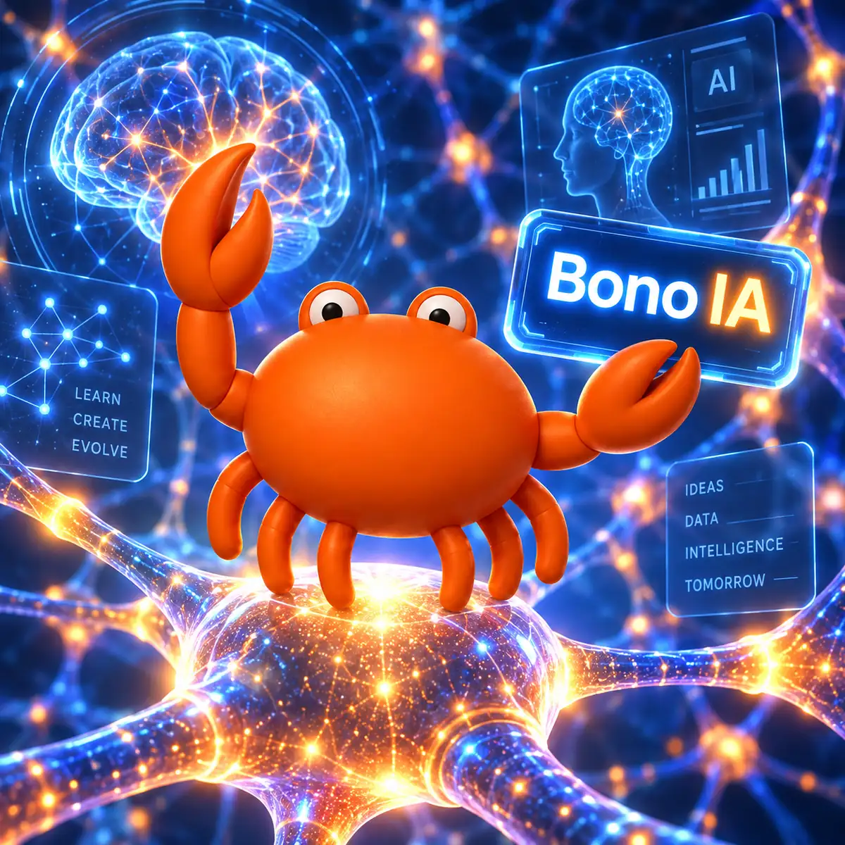 Mascota cangrejo de Mr Crab 7 sobre una neurona luminosa con el rótulo Bono IA