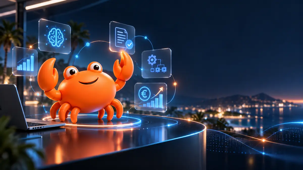 Mascota cangrejo de Mr Crab 7 junto a paneles de inteligencia artificial, con la costa de Gran Canaria de noche al fondo