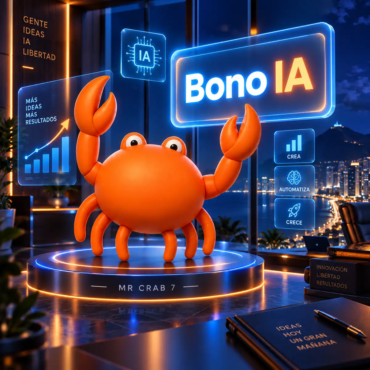 Mascota cangrejo de Mr Crab 7 en una oficina con un panel luminoso que dice Bono IA
