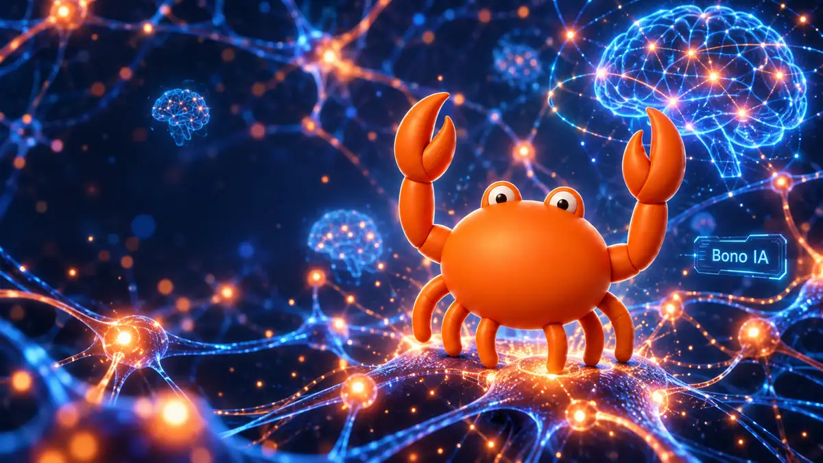 Mascota cangrejo de Mr Crab 7 sobre una red de neuronas iluminadas, ilustración de la Red NEURONA