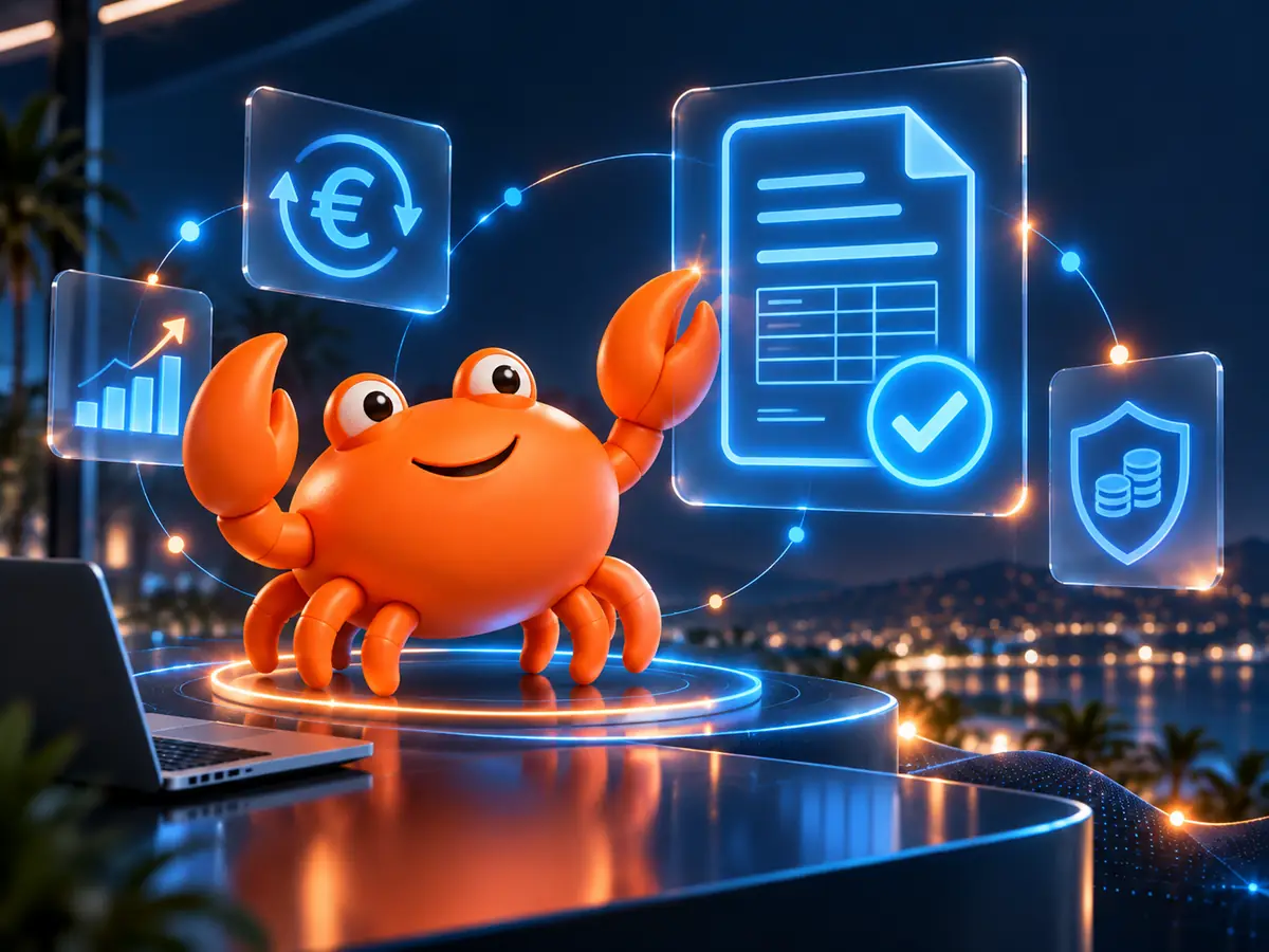 Mascota cangrejo de Mr Crab 7 junto a un documento validado y paneles de gestión